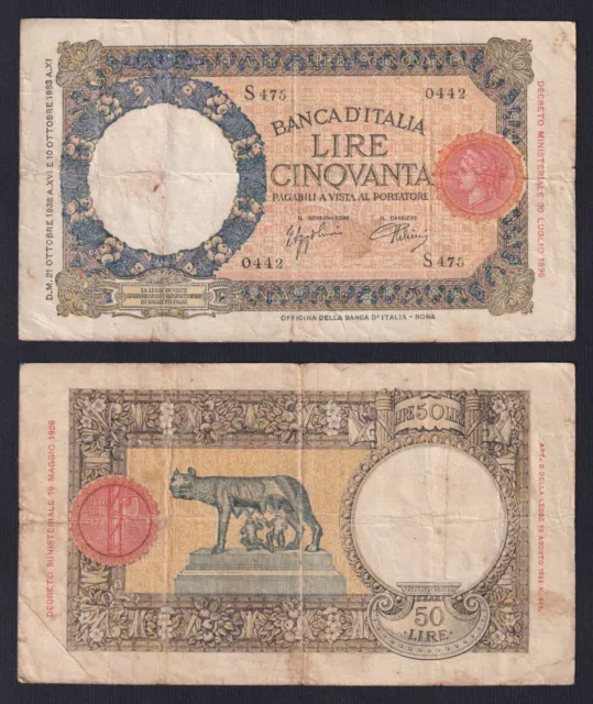 Italy 50 Livres Laufenberg 1938 P 54b BB Vf- C-10