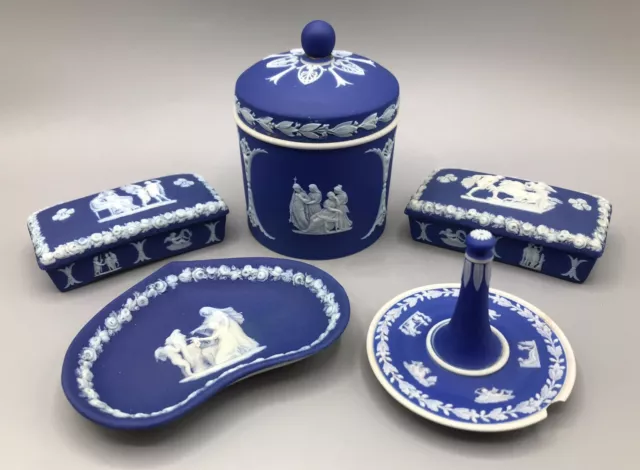 Five Pieces Of Wedgwood Cobalt Blue Jasper Ware (Mostly With Faults)