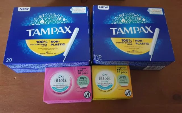 4 Packs - 2 Liil-Lets Regular/Super Non-Applicator & 40 Tampax Tampons Regular