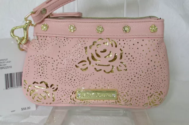 Betsey Johnson Wristlet Blush Pink Racey Lacey Laser Cut Bag NWT RARE