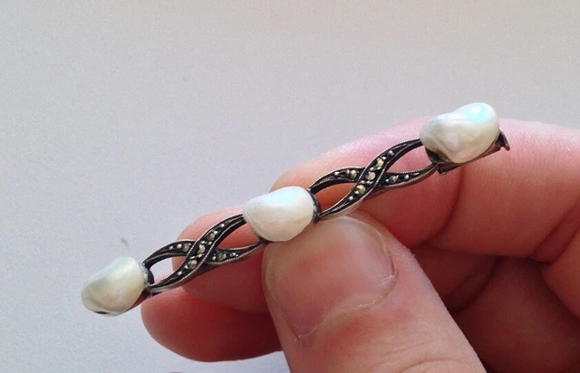 Broche Barrette Vintage En Argent Avec Perle Grise - Modèle Classique - Parfait état