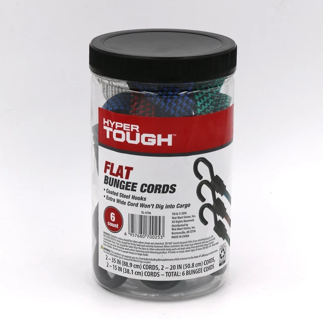 Hyper Tough 6 Pcs Flat Bungee Cord, Packed in Plastic Jar, 15 Inch, 20 Inch, 35