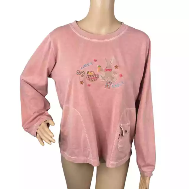 Kawaii Novelty Dusty Rose Pink Bunny Rabbit Embroidered Knit Top Women's L