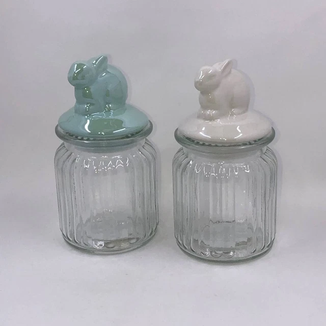 New Set of 2 Iridescent White & Green With Clear Glass Bunny Easter Candy Jars