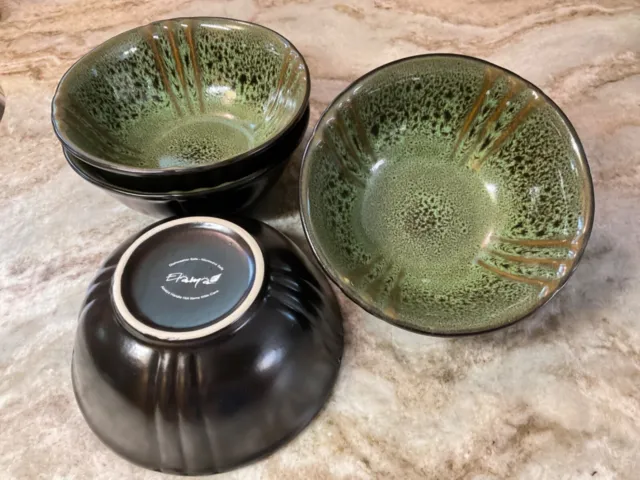 Beautiful Bowls. Elama Jade Waves. Green. 6.5 Inch. Set Of 4.Stoneware. New.