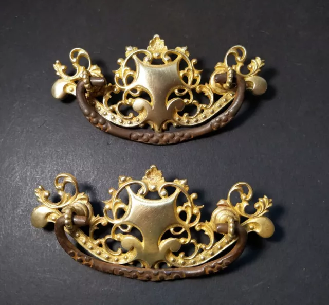 Antique Set Of Two (2) Larger Chippendale Style Cast Brass Drawer Cabinet Pulls