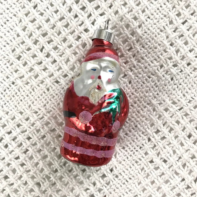 VINTAGE BLOWN GLASS Shiny Paint Rosy Cheeks Red White Santa Christmas