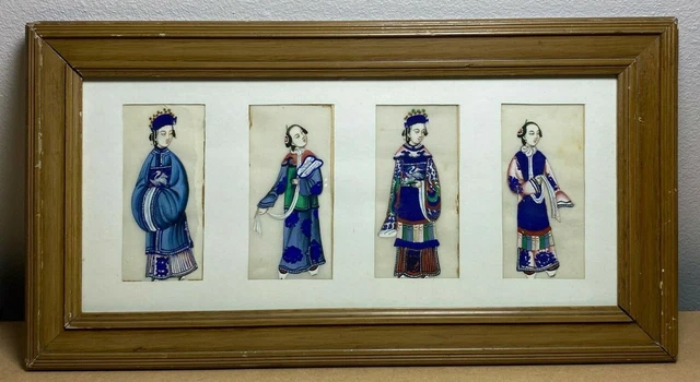 Antique Qing export pith paintings dresses figures framed