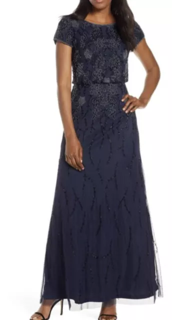 Adrianna Papell Women's Beaded Gown Navy Blue Sz US 12 Mother of Bride NEW