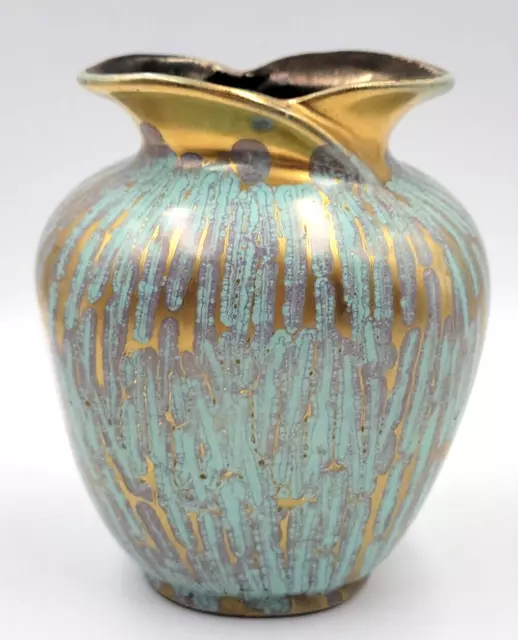 MCM Carstens Tonnieshof Art Pottery Vase Gold Turquoise Drip #482-13 Germany