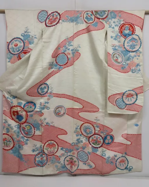 1203i06z860 Vintage Japanese Kimono Silk FURISODE Off-white Flowers