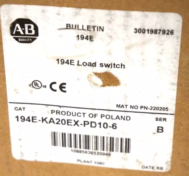 Neuf ALLEN BRADLEY 194E-KA20EX-PD10-6 Ser. B Charge Interrupteur 194EKA20EXPD106 2