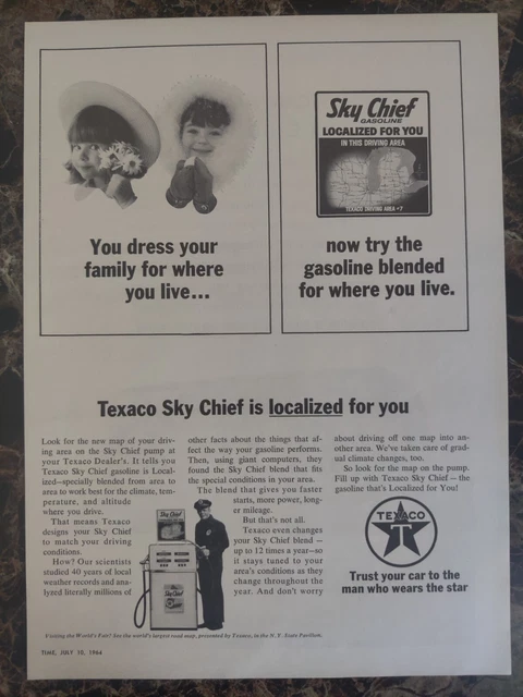 Texaco Sky Chief Gas Pump Station Attendant Gasoline Oil 1964 Vintage Print Ad