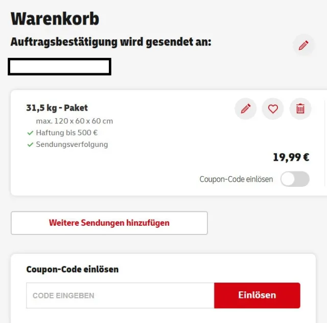 DHL Paketmarke (Code) 31,5 kg Paket für Versand in Deutschland online einlösbar