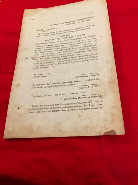 Confederate Army General Order Discharges Substitutions Enlistment This Form R13