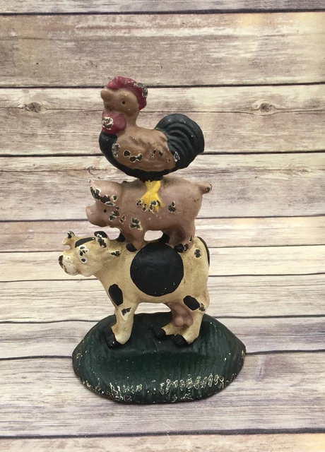 Vintage Stacked Cast Iron Farm Animal Door Stop Kitchen Rooster Pig Cow MOOO