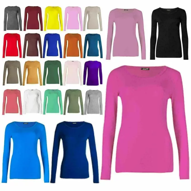 Womens Ladies Long Sleeve Stretch Plain Scoop Neck T Shirt Top assorted 8-26