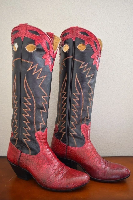 Bottines Western Cristobal Romero Vintage 1990 – Incrustation Serpent – Fait Main Mexique – 8.5 US