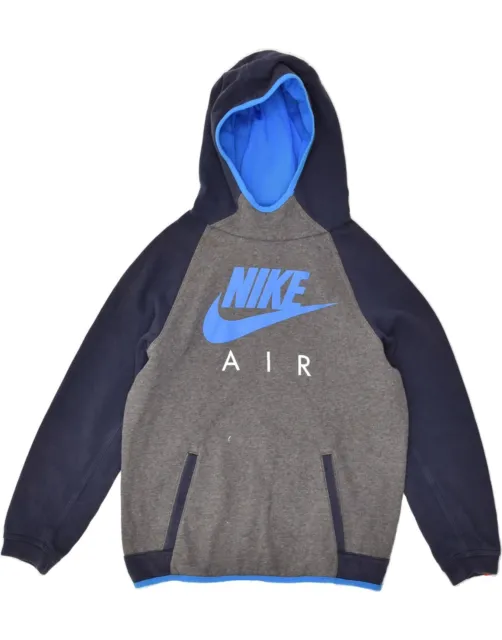 NIKE Boys Graphic Hoodie Jumper 12-13 Years Large  Grey Colourblock Cotton AU94