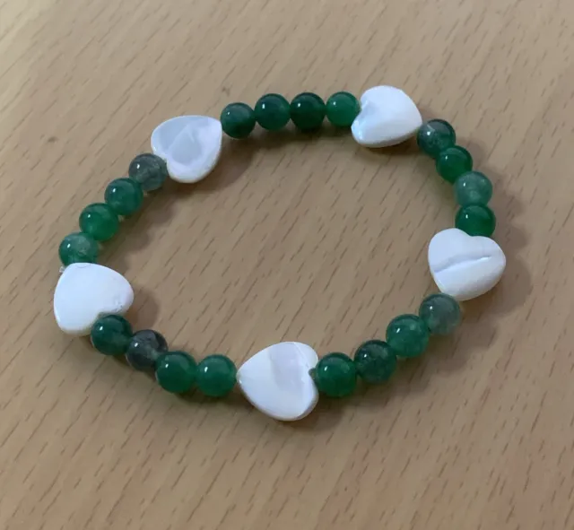 Mother Of Pearl Hearts & Green Agate Stretch Bracelet / Small/ Medium