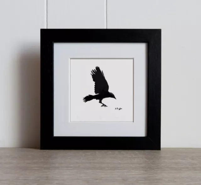 Original crow charcoal pencil drawing in oak frame with acrylic glazing 6" x 6"