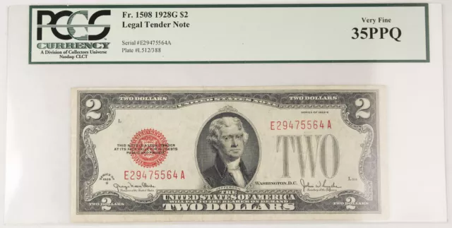 1928 G $2 Legal Tender Note Red Seal Fr# 1508 PCGS VF35 PPQ Very Fine