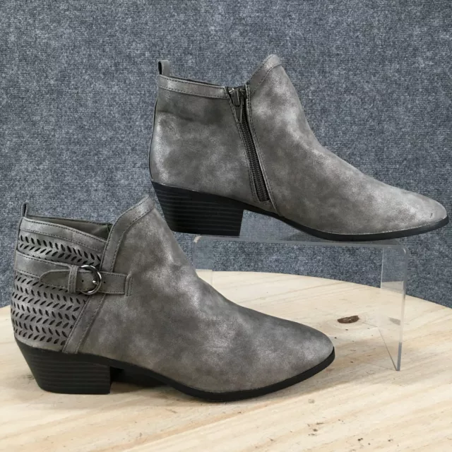 St John's Bay Boots Womens 8.5 Ankle Booties Gray Faux Leather Zip Block Heels