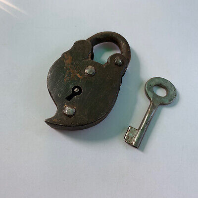 18th C Old or antique iron padlock lock with key unusual shape small miniature