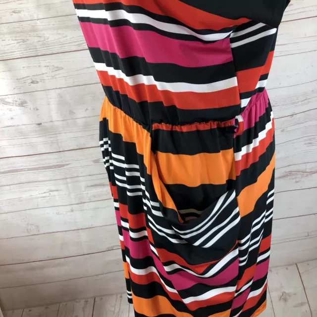 Dots Brand Women's XL Black Pink Orange Striped Dress w/ pockets short sleeve 3