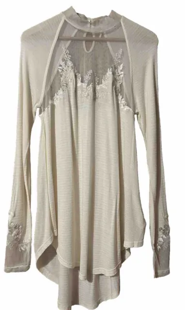Free People Wm Med Ivory LS Saheli Embroidered Lace Mesh Tunic Shirt See Desc
