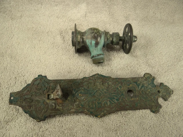VINTAGE Victorian Brass Embossed DOOR KNOB BACKPLATE & BRASS WATER SPOUT