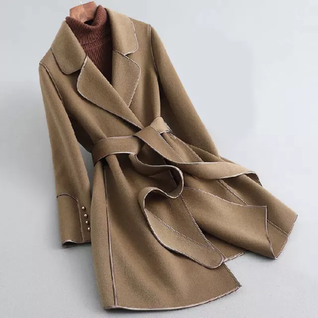 Womens Wool Blend Lapel Collar Belt Slim Fit Trench Outwear Winter Midi Overcoat