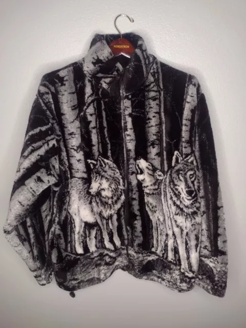 Vintage Black Mountain Outdoor Fleece Jacket Wolf Zip Up Collar HH