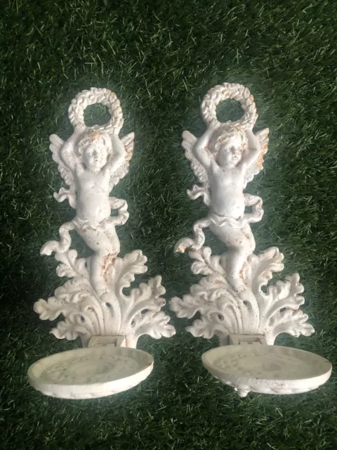 Pair of vtg Cast Iron Drop Down Wall Sconces Cherub Ornate Candle Holders heavy