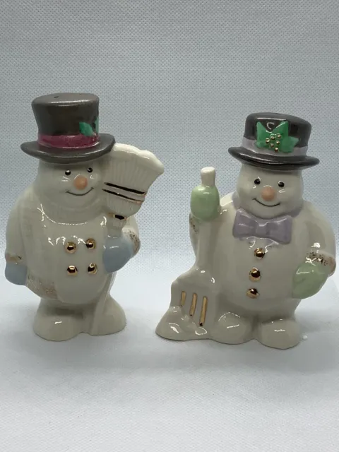 Lenox Snowmen Salt Pepper Shakers Set Porcelain Christmas Vintage Beige 5” New