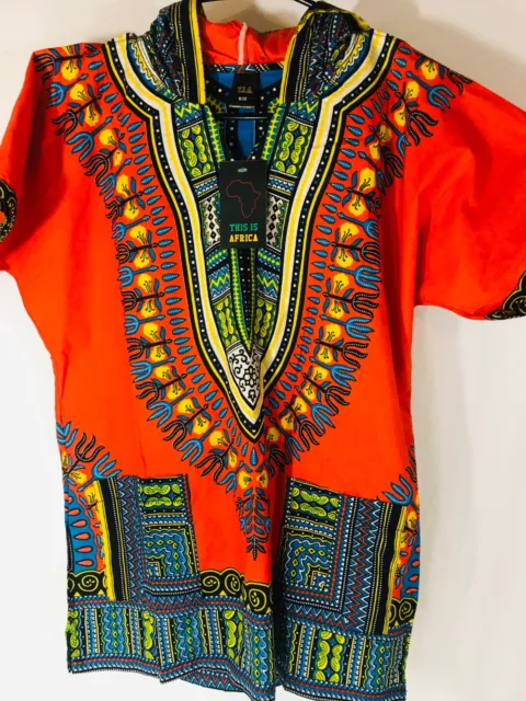 African Dashiki Short Sleeve Hooded Traditional Orange Blue Youth Size 8/10