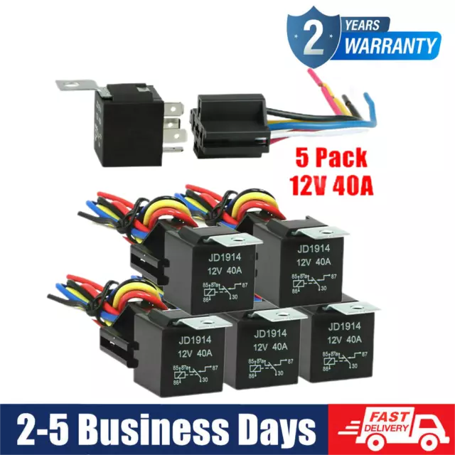 5Pcs Relays Switch 5Pin Harness Socket 12VDC 40A Waterproof Automotive Car SPDT