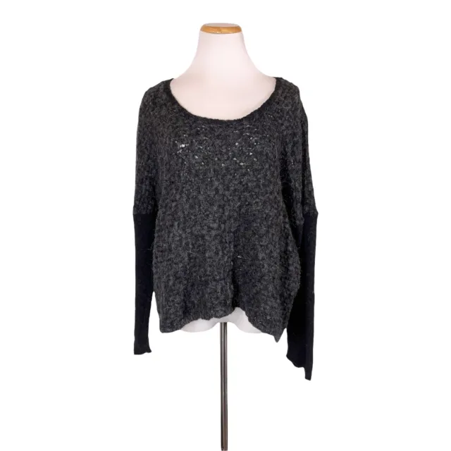 Eileen Fisher Size L Cropped Sweater Open Knit Alpaca Blend Black Grey