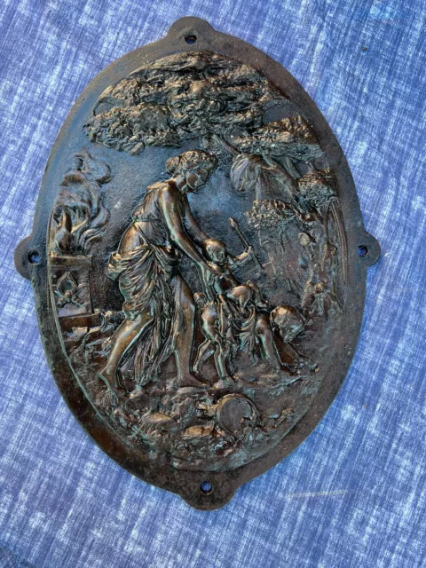 Antique  iron oval figural 1800’s-1900’s scene wall hang plate htf rare European