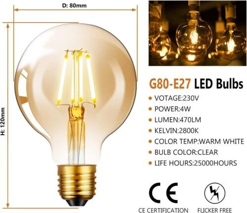Vintage Edison LED Glühbirne, E27 Schraubbirne 4 W (entspricht 40 W) G80... 2