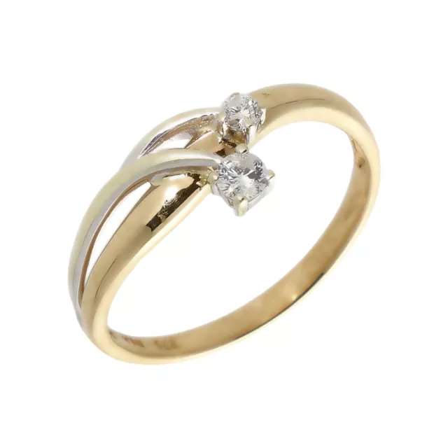 Pre-Owned 9ct Yellow & White Gold 2 Stone Diamond Wave Ring Size: O½ 9ct gold...