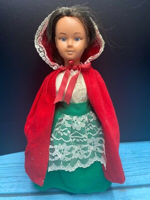 Vintage Soft Plastic Italy  Doll in Red Cloak and Green Dress 11" Blue Eyes