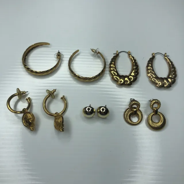 F Lot Vtg Retro Earrings Gold Hoops Roman Greek Women Cameo Coin Pierced 70s