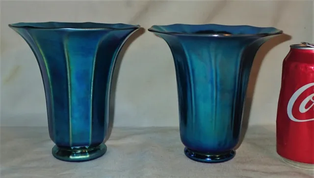 Antique Pair Of Two Steuben Blue Aurene Art Deco Home Flower Glass Plant Vases