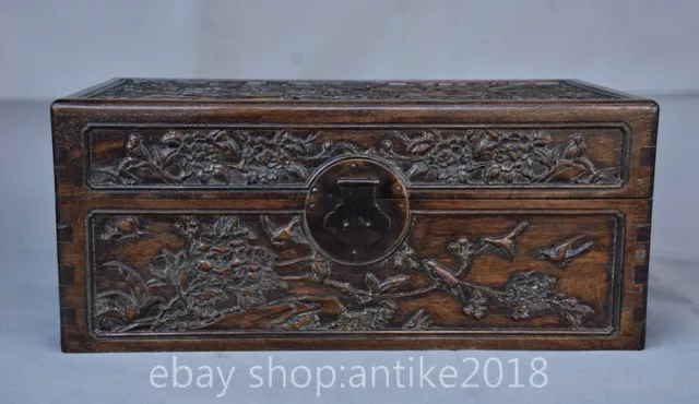 16" Rare Old Chinese Huaghuali Wood Dynasty Palace Flower Bird Chest Box