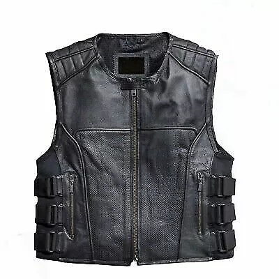 Men's Perforated Cowhide Leather Motorcycle Vest Black Swat Style Bikers Vest