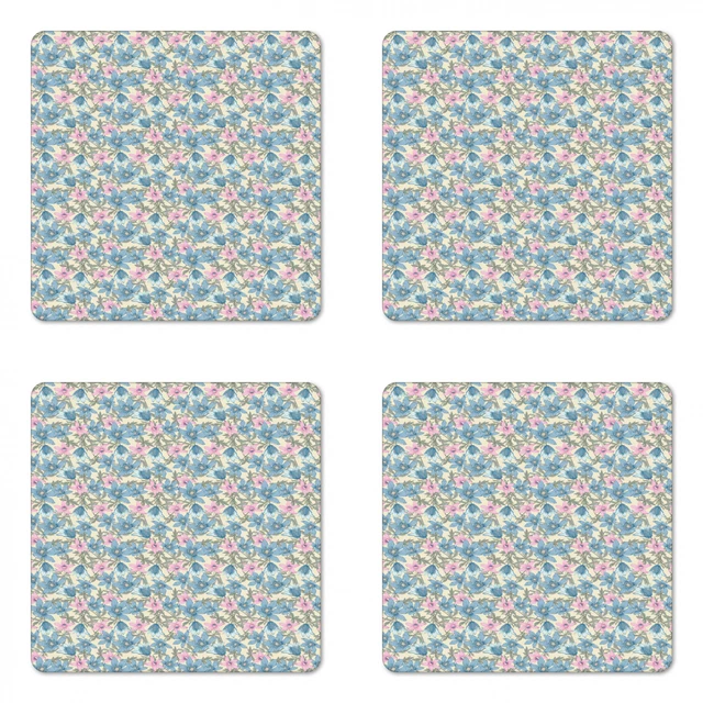 Ambesonne Floral Blossom Coaster Set of 4 Square Hardboard Gloss Coasters
