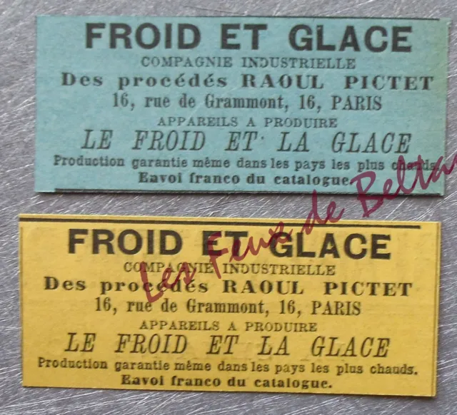 Publicité APPAREILS FROID ET GLACE RAOUL PICTET    advert 1898