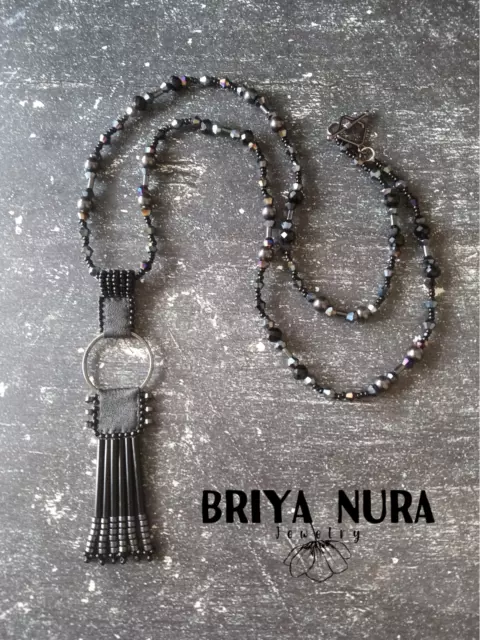 Long Black Bead Boho Chic Gypsy Necklace Dark Goth Statement Ethnic Tribal