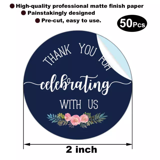 50 Pack Dark Blue Floral Thank You for Celebrating with Us Stickers, Wedding ... 2